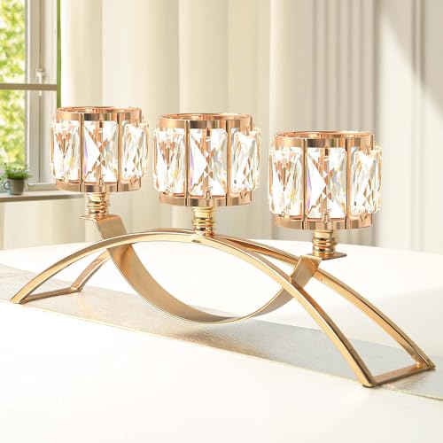 4 Pcs 3-Arm Crystal Tealight Candle Holders, Elegant Metal Arch Candlestick Centerpiece for Wedding, Party, Dining Room Table Decorations, Anniversary (4, Gold-3 Arm) - size: Gold-3 Arm