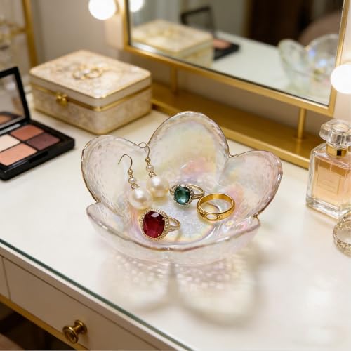 Flower Ring Dish Jewelry Tray, Glass Jewelry Dish Tray, Aesthetic Room Decor Small Trinket Dish, Nightstand Jewlery Ring Holder Dish, Bathroom Jewelry Plate Bowl for Rings Earrings Gift (White) - color: Rainbow Color