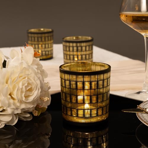 Votive Candle Holders, Set of 3 Black and Gold Glass Tealight Candle Holder with Woven Pattern, Vintage Tea Light Holders for Chirstmas Table Centerpieces Birthday Party Home Decor