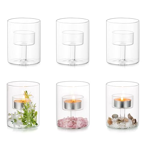 Glasseam Glass Tealight Candle Holder: Small Hurricane Cylinder Votive Holder Set of 6 Modern Table Centerpiece Wedding Christmas Party Decorations, 3.15