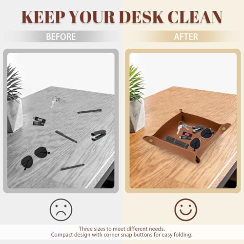 3 Pack Leather Valet Tray, 3 Sizes Catchall Tray Desk Organizer for Key Jewelry Trinket Watch Perfume Coin, for Entryway Table Nightstand Dresser Vanity Travel, Brown - color: Brown