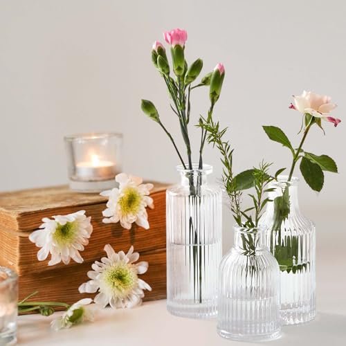 12 Sets Mini Small Vases for Flowers Bulk Glass Ribbed Bud Vases Set for Centerpiece Table Decorative Wedding Reception, Housewarming Gift Holiday Christmas