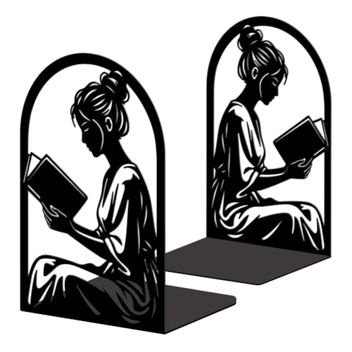 Peacoblue Metal Bookends for Shelves, Modern Decorative Heavy Duty Study Book Ends Stoppers for Office, Desk, Shelf, Room 5.3"x4.3"x7.9" Cast Iron Simple Tall Bookends 1 Pair (Reading Girl) - style: Reading Girl