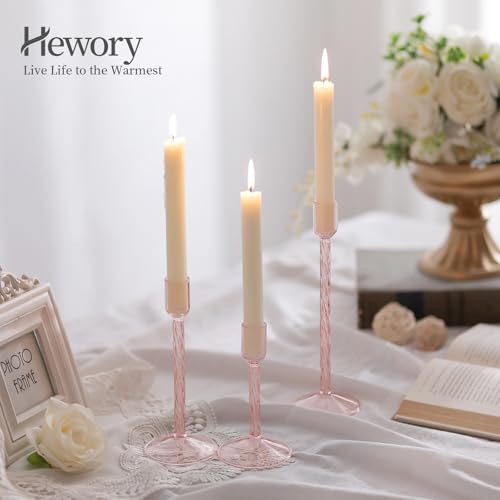Hewory Glass Taper Candle Holders: 4 Pcs Pink Vintage Candlestick Holders Tall Candle Sticks Holder Decor, Glass Candle Holder for Table Centerpiece Wedding Christmas Advent Holiday Party Decorations - color: Pink