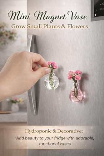 10-Pack Magnetic Mini Clear Glass Bud Vases for Fridge – Strong Magnets, Leak-Proof Propagation Vases – with 10 Faux Flowers (No Trimming) – Locker, Cubicle & Coworker Gift (Clear Glass)