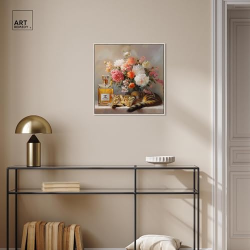Art Remedy Cat Floral Vase Perfume Canvas Fashion Pet Art, Silver Frame, 20" x 20" - color: Silver Frame, size: 21"L x 21"W