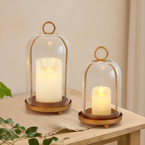Glass Hurricane Candle Holder Decorative Gold Candle Lantern, Pillar Candlestick Holders Set of 2, Hanging Metal Holder Modern Table Centerpieces, Antique Brass - color: Gold
