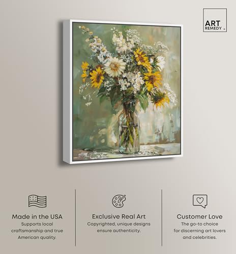 Art Remedy Sunflowers In A Glass Vase Canvas Vintage Farmhouse Wall Art, White Frame, 20" x 24" - color: White Frame, size: 25"L x 21"W