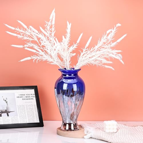 Hand Blown Glass Vase 11.8" Tall Beautiful Dark Blue Sea Wide Mouth Bud Vase for Table Centerpiece, Painted Colorful Murano Glass Flower Vases for - Home Entrance Wedding Center - color: Blue