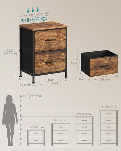 SONGMICS Dresser for Bedroom, Chest of Drawers, Nightstand, Steel, MDF, 2 Non-Woven Fabric Drawers, Storage Organizer Unit, Closet, Entryway, Rustic Brown and Ink Black ULGS312B02S - color: Rustic Brown + Ink Black, size: 1 Pack