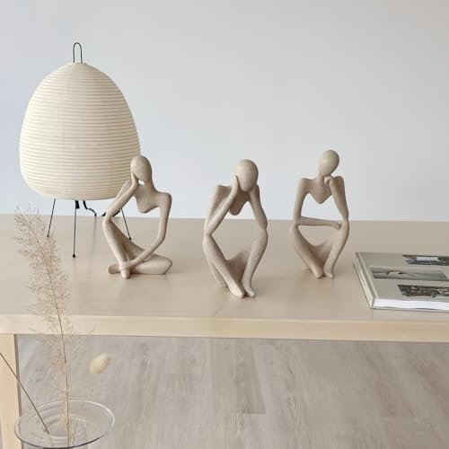 Thinker Statues Home Decor, Set of 3 Pcs Grey Resin Trendy Abstract Art Sculpture Collectible Figurines Home Office Bookshelf Bedrooms Living Room Coffee Shops Desktop Decoration Aesthetic Ornaments - color: Beige