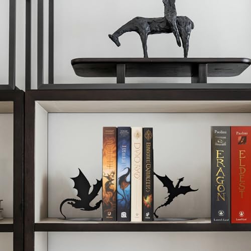 Metal Dragon Bookends Stoppers Holder Stand for Desk Shelf Cool Dragon Book Ends Decorative, Fantasy Dragon Bookends for Bookshelf Decor - color: Black