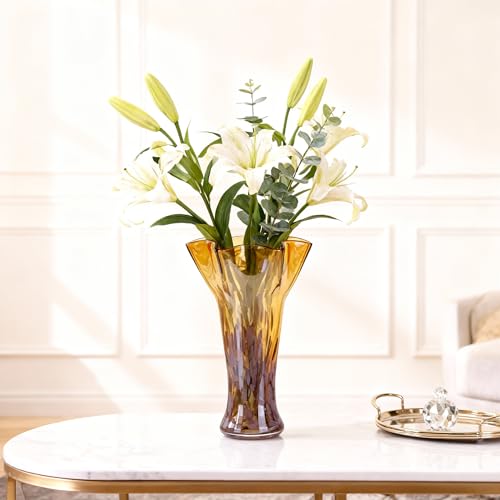 9.1H Murano Hand Blown Glass Vase, Ruffled Scalloped Rim Trumpet Shape, Wide Mouth Colorful Decorative Glass Vase, Sculptural Art Centerpiece for Living Room Table, Bathroom, Office Shelf (Amber Gold) - color: Amber Gold