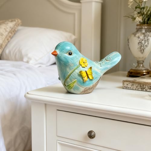 4.3 Inch Blue Hand-Painted Resin Bird Figurine, Ceramic Look High-Gloss Bird Sculpture Decor for Home Shelf Living Room Tabletop, Ideal Spring Housewarming Birthday Gift - color: Blue