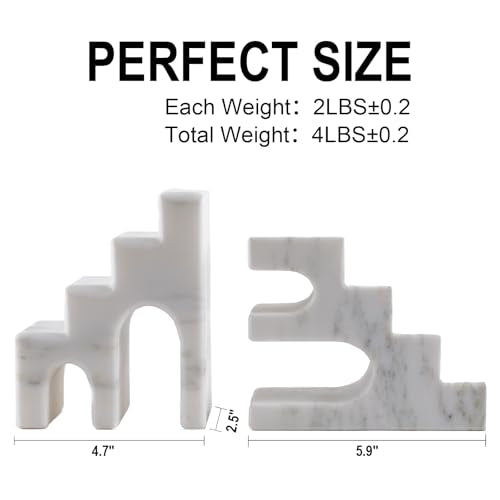 Decorative Natural Marble Book Ends for Shelves, Aesthetic Stone Bookends for Heavy Books, Unique Castle Book Holder/Stopper for Chic Home, Office, or Library Any Bookshelf Decor, Set of 2 (White) - color: Oriental Calacatta