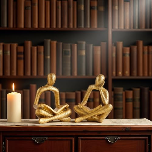 XINXUAN Resin Abstract Sculpture, Meditation and Reading Posture, Desk/Shelf Modern Home Decor Decoration, Art Statue (Think - Gold Foil Color) (2PCS-Gold Reading) - color: 2pcs-gold Reading