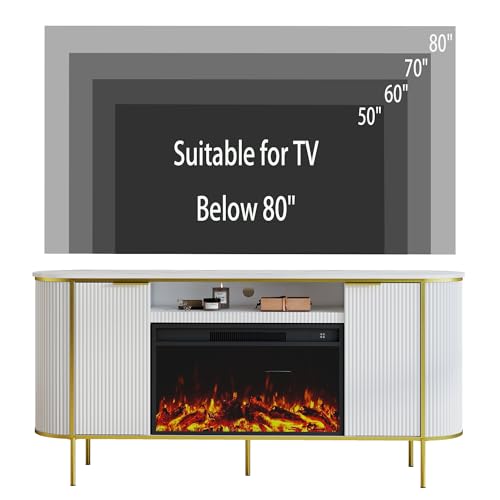 White Fireplace TV Stand: 70" Modern Luxury Fluted Electric Fireplace Heater Entertainment Center Fits TVs Up to 80 Inch, Faux Marble Top TV Console with Fireplace (White, 70 Inch Fireplace TV Stand)