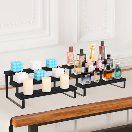 YINMIT Wooden Display Riser Stand, Tiered Perfume and Cologne Organizer Stand, 3 Tier Spice Rack Organizer, Rustic Display Shelf for Candles (3 Tier,2Pack,Black) - color: 3 Tier,2Pack,Black