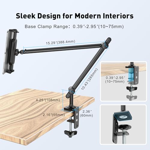 AboveTEK Tablet Stand Holder for Desk & Bed, Aluminum iPad Holder Arm with 360° Rotating Clamp, Adjustable Phone Stand Compatible with 4.7"-13.5" iPad Pro/Air/Mini, iPhone, Galaxy Tab- Black - color: Black