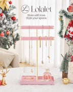 Lolalet 2-Tier Necklace Holder Display, Velvet Wrapped Bracelet Stand with Removable Ring Tray, Tall Jewelry Organizer for Bangles Watches Earrings, Galentines Valentines Gifts for Girls Women -Pink - color: Pink