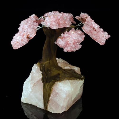 Rose Quartz Gem Tree on Natural Quartz Base – Healing Crystal Art Sculpture