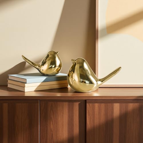 Ceramic Birds Figurines Home Decor, Set of 2 Silver Birds Statue, Chubby Small Bird Figurines, Modern Style Bird Decor for Home Living Room Desk Bookshelf Coffee Table Office Desktop (Silver) - color: Silver