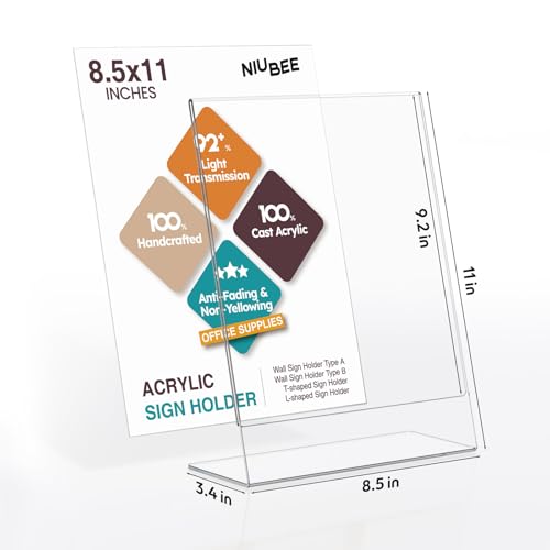 NIUBEE Slanted Back Acrylic Sign Holder 8.5 x 11 Inches, Clear Plastic Sign Holder Paper Display Table Stand for Office, Store, Restaurant (3 Pack)
