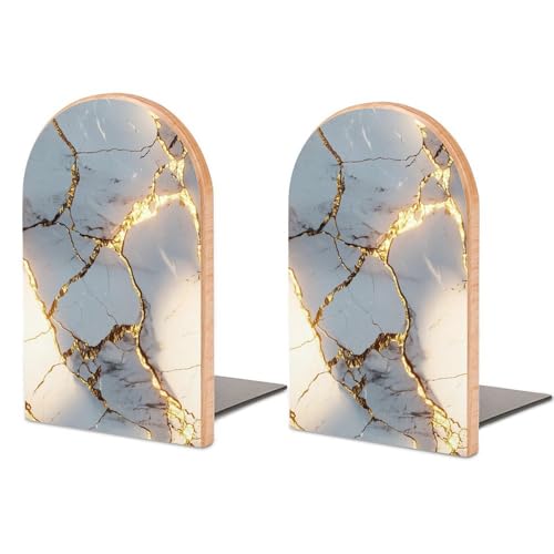 Gold Cracked Marble Texture Wooden Bookends Shelves 2 PCS Minimalism Sturdy Book Holders Desktop Organizer for Home Office Libraries - color: Color