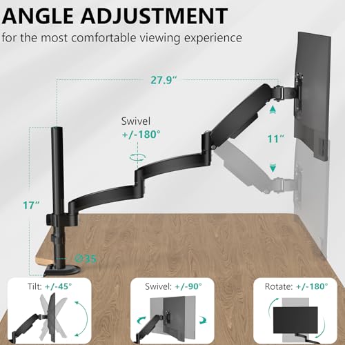 WALI Single Long Monitor Arm - Computer Monitor Arm Desk Mount for 13-32 inch, Hold up to 19.8lbs, Extra Long Adjustable Stand, Full Motion Tall Arm, VESA 75/100mm, (GSDM001L) - size: 13"-32", style: Single Arm
