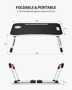 FISYOD Foldable Laptop Table, Portable Lap Desk Bed Table Tray, Laptop Stand with Cup Holder & Tablet Slot & Lifting Handle for Working Writing Drawing & Eating (Black) - color: Black