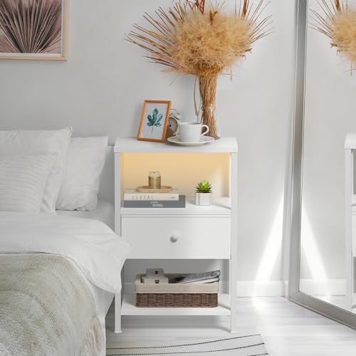 BOLUO White Nightstand with Charging Station, LED Night Stand with Fabric Drawers and Shelf, Bedside Table with USB Ports and Outlets, Bedroom Nightstand Modern - color: A.white