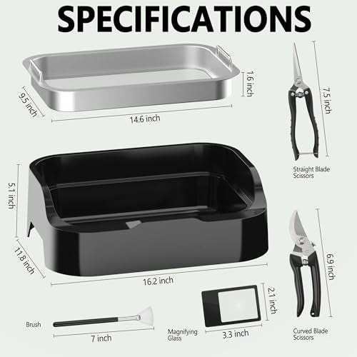 Trim Tray with Replaceable 150 Micron Mesh Screen – Includes 2 Precision Scissors, Static Brush & Magnifying Glass – Sifting Tray for Fine Particle Sorting & Small Items - size: Large(with 2 Scissors, Brush & Magnifier)