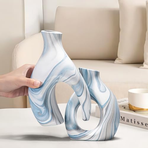 Blue Vases Set of 2, Modern Coastal Vase for Flowers, White vases for Table Centerpieces, Snuggle Hollow Vase Ceramic Decoration for Living Room, Nordic Boho Decor for Coffee Table Shelf - color: Blue Donut