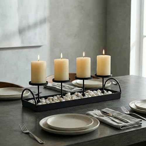 Rectangular Candle Holder, Black Metal Candle Stand | Modern Multi-Candle Display | for Dining Table, Bar Top Decor | Length 36CM/14.2 Inches
