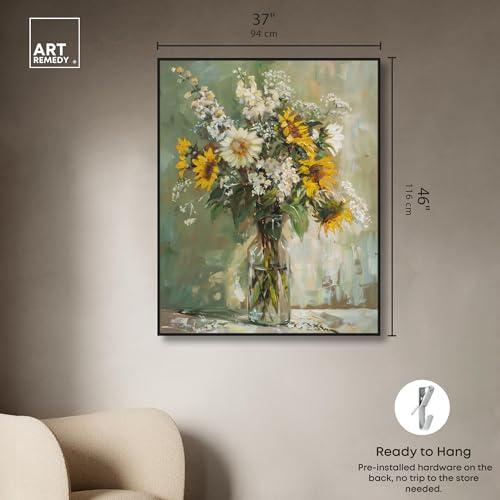 Art Remedy Sunflowers In A Glass Vase Canvas Vintage Farmhouse Wall Art, Black Frame, 36" x 45" - color: Black Frame, size: 46"L x 37"W