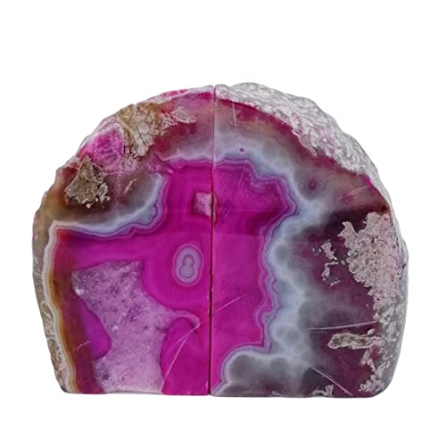 Agate Bookends Pair - Natural Geode Style, Dyed Pink 3-4 lbs Heavy Duty with Rubber Bumpers | Non-Slip Crystal Bookends for Heavy Books | Unique Home Decor - color: Pink, size: 3-4LBS
