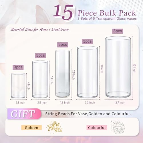 KRNDUMA 15pcs Glass Vase Cylinder Vases for Centerpieces Small Flower Glass Vases Home Decor Centerpiece Table Clear Flower Vase Decorations for Wedding＆Holiday 4,6,7.5,8,10 Inch Tall - size: 15Pack-4+6+7.5+8+10Inches