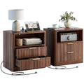 IRONCK Fluted Night Stand Set of 2, Modern Nightstand with Charging Station, Drawers and Open Shelves - Bedside Table Wood Side Table Set for Bedroom (Walnut) - color: Walnut