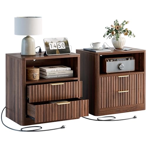 IRONCK Fluted Night Stand Set of 2, Modern Nightstand with Charging Station, Drawers and Open Shelves - Bedside Table Wood Side Table Set for Bedroom (Walnut) - color: Walnut