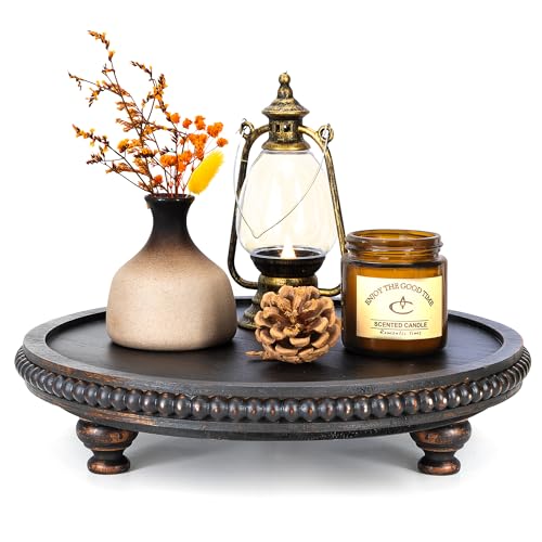 EOSAHR Rustic Round Pine Wooden Display Riser – Beaded Pedestal Stand for Decor, Kitchen Counter Organizer, Coffee table & Cake Stand - Decorative Display Risers for Living Room Decor (Old Black) - color: Old Black
