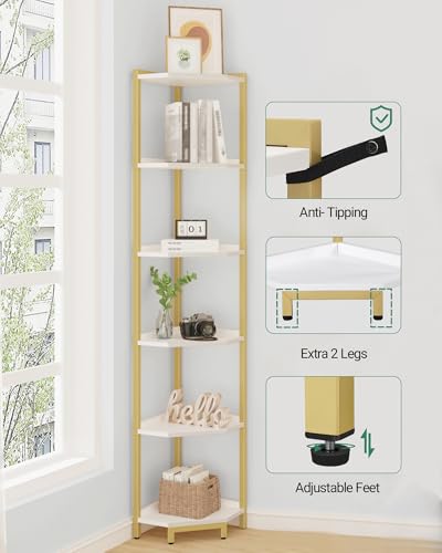 Hzuaneri Corner Shelf Stand, Corner Bookshelf, Storage Standing Shelf Unit with Metal Frame, Plant Stand, Bookcase for Living Room, Home Office, Bedroom, 6-Tier White Gold CS06003A - color: White Gold, size: 6 Tier