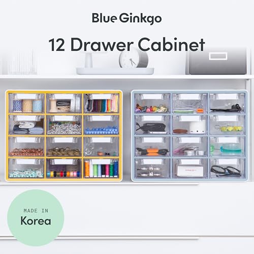 Blue Ginkgo Large 12-Drawer Cabinet – Stackable Clear Organizer for Hardware, Beads, Plastic Bricks, Office, and Craft Storage (Made in Korea, Blue) - color: BLUE, size: 12 Drawer