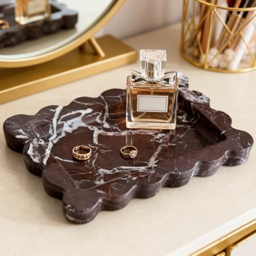 Natural Samll Marble Tray 6.3"x4.7",Rectangle Scalloped Tray for Women Home Décor (Rosa Levanto) - color: Rosa Levanto