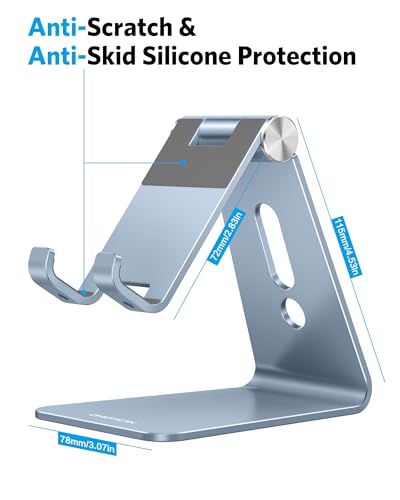 OMOTON Adjustable Cell Phone Stand, Aluminum Desktop Cellphone Stand with Anti-Slip Base and Convenient Charging Port, Fits All Smart Phones, Light Blue - color: Light Blue