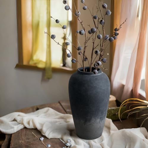 12 Inch Rustic Ceramic Vase, Black Flower Vases for Centerpieces, Farmhouse Decor for Living Room, Entryway & Kitchen, Vintage Pottery Vase for Wedding Gifts - color: Black, size: Small