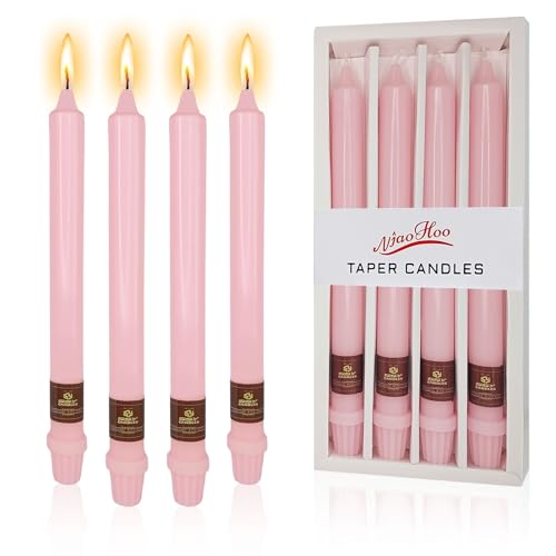 NJAO HOO Pink Candlesticks 10 Inch Handmade Dripless Taper Candles Unscented Colored Candle Set, Pack of 4 - Up to 9-11 Hours Burn - color: Pink, size: 10 In
