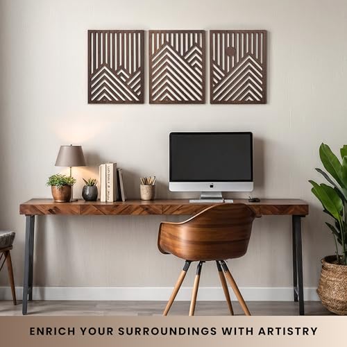 qmmp Modern Wooden Wall Sculptures - Set of 3 - Home Decor Accent - Large Wall Art for Living Room, Bedroom, Office - Easy Installation (Walnut, Medium - Mountain and Sun) - color: Walnut, size: Medium - Mountain and Sun
