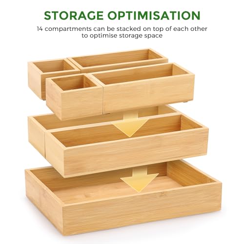 Bamboo Drawer Organizer Set, 14 PCS Multi-Use Individual Wood Storage Organizers, Junk Drawer Divider and Storage Trays Containers for Kitchen, Bathroom, Office Desk, Makeup, Jewelry, Utensils - size: 14
