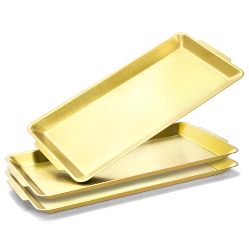 ZENFUN 3 Pack 304 Stainless Steel Serving Platters, 12.6" Rectangle Metal Dinner Plates with Handles, Decorative Organizer Trays for BBQ, Dining, Party, Buffet, Appetizer Serving(Gold)