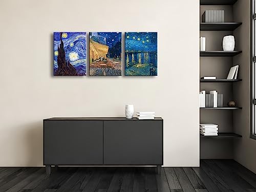 Wieco Art 3 Panels Canvas Prints of Vincent Van Gogh Paintings Reproduction Starry Night Over the Rhone Cafe Terrace at Night Canvas Wall Art for Living Room Home Office Decor - color: Van Gogh Paintings, size: 12 x 16 inches (Unframed)